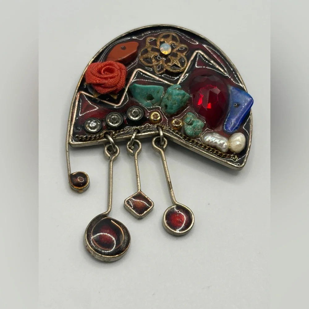 Vintage Artist Signed Handmade Mixed Media Boho Artsy Dangle Brooch Pin